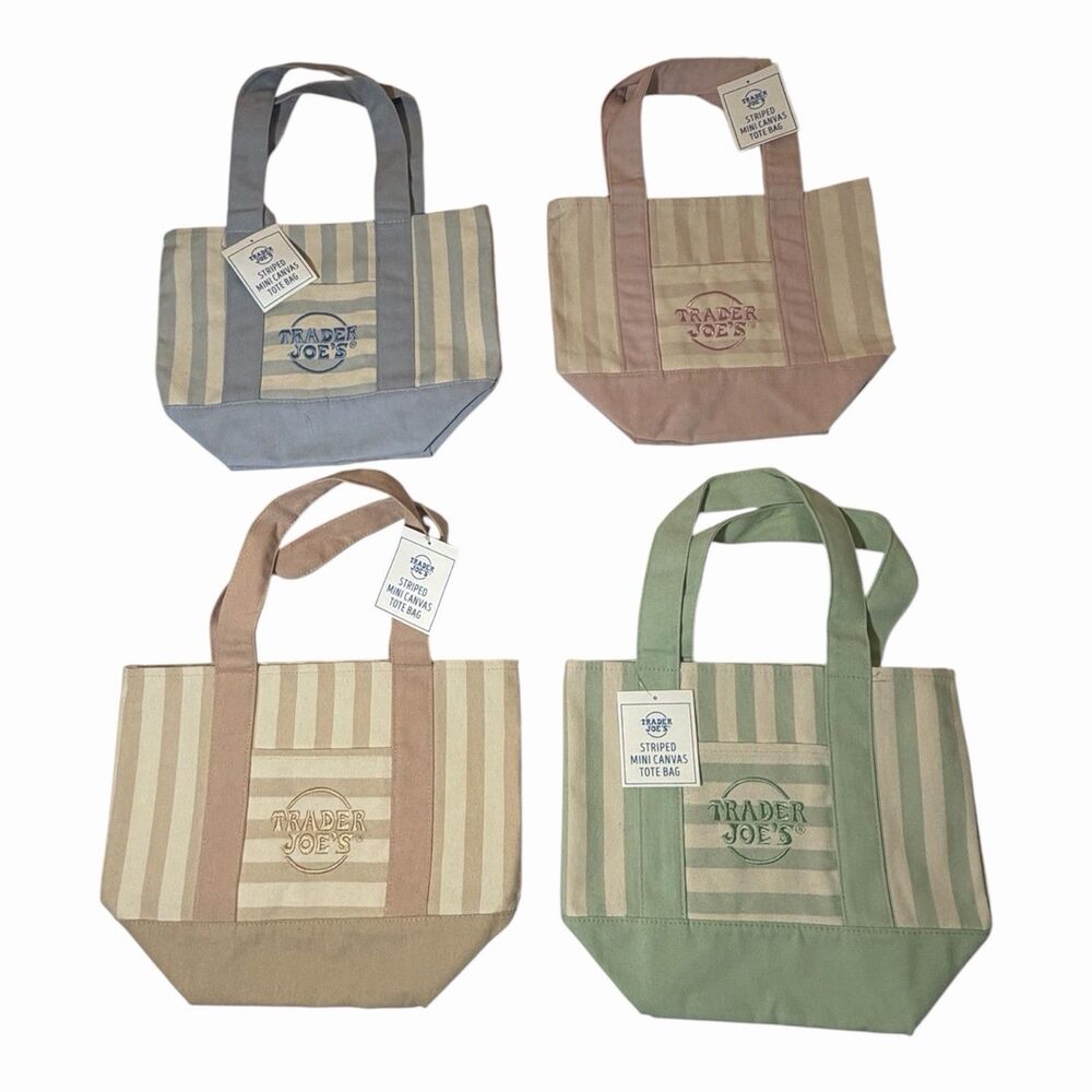 Brand New Trader Joe’s Striped Canvas Tote Bag Set of 4 Blue Pink Green Beige